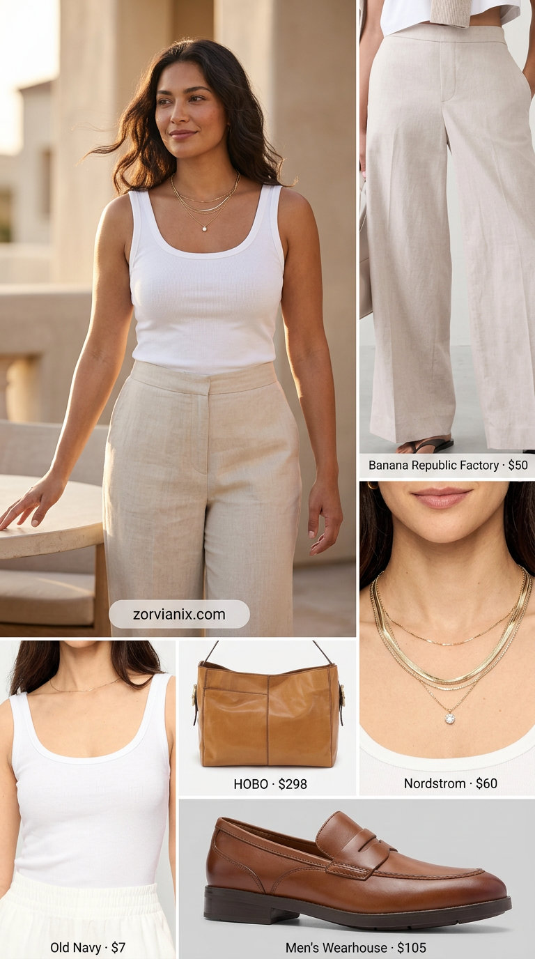 Taupe linen trousers, cream tank top: elegant summer fashion outfits for women 2026 for daytime events.