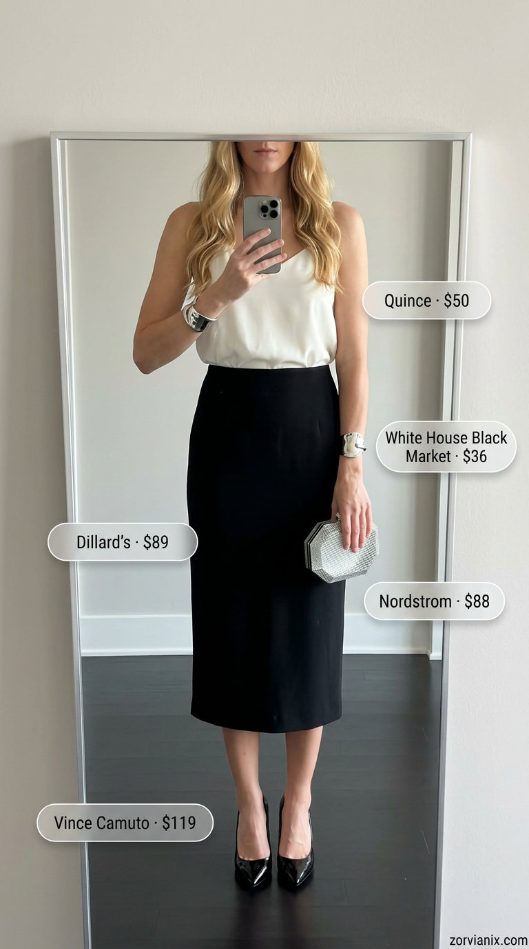 Black pencil skirt outfit for women, a minimalist choice for summer evenings in 2026.