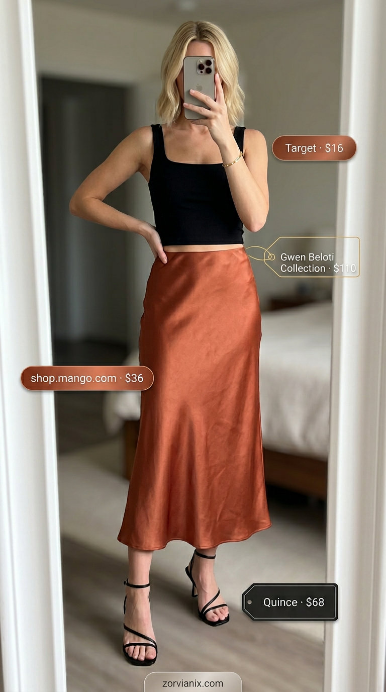 Terracotta slip skirt, black tank top: sophisticated summer fashion outfits for women 2026 for date night.