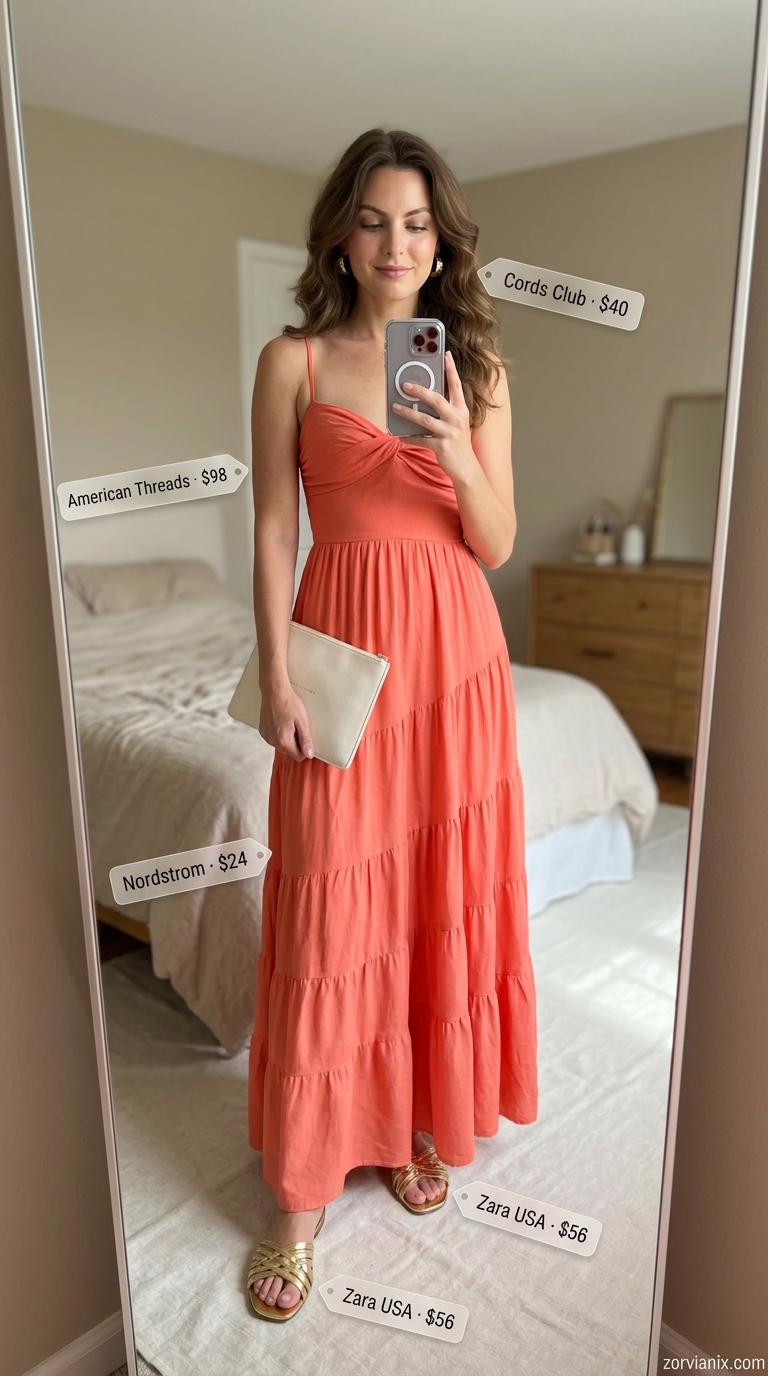 Coral maxi dress outfit for women, perfect for summer evening events in 2026.