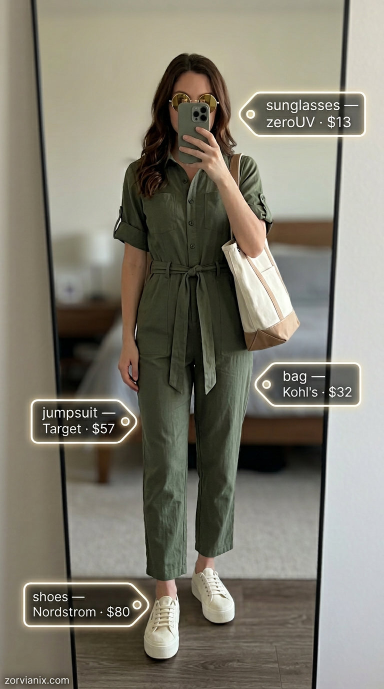 Olive green utility jumpsuit, cream platform sneakers: stylish summer fashion outfits for women 2026 for weekends.