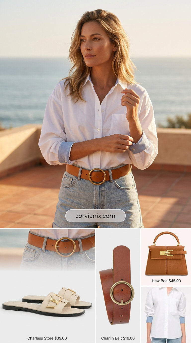White oversized button-down shirt outfit for women 2026: beige slides, tan belt, top-handle bag. Minimalist chic.