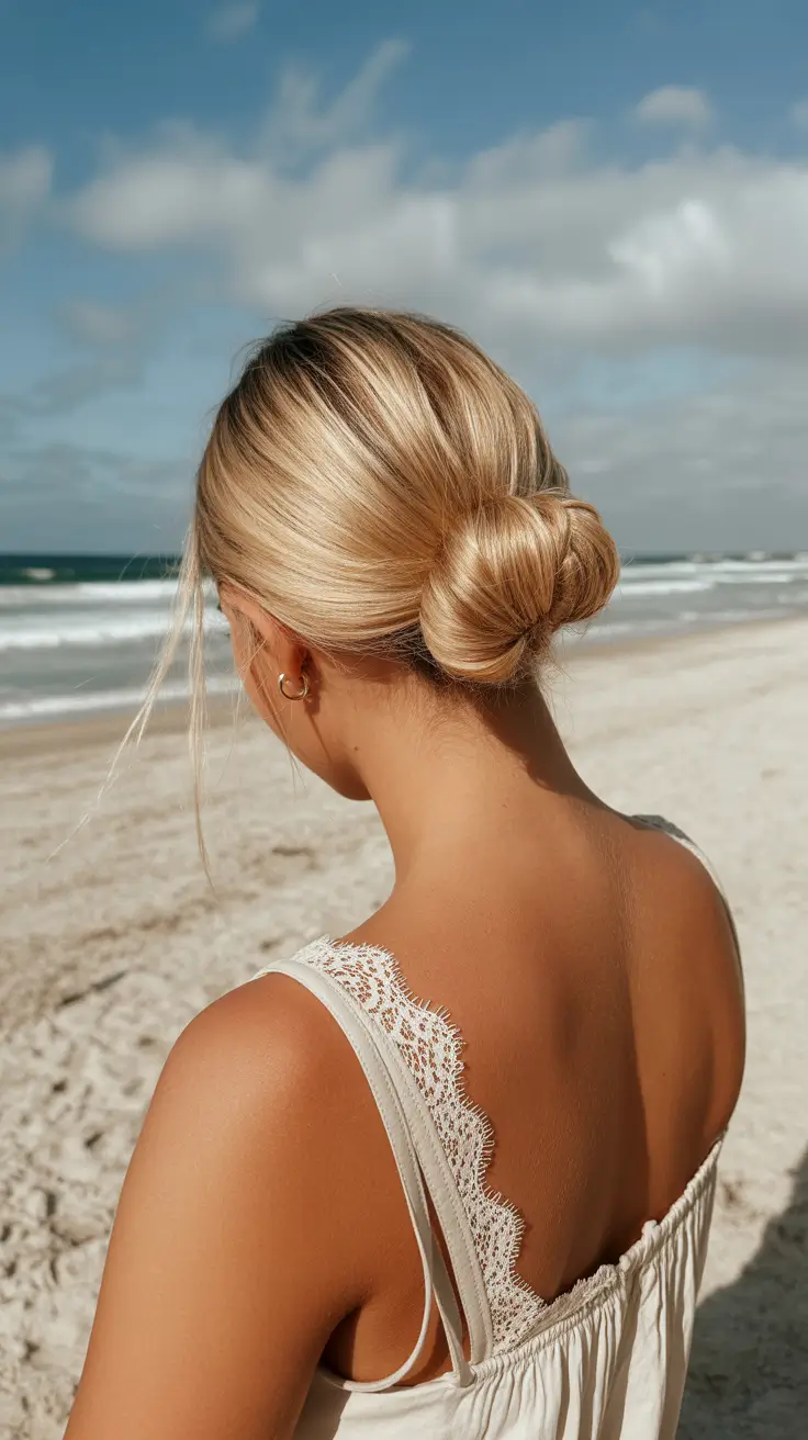 summer hairstyles for swimming Sleek Low Bun That Survives Heat and Water