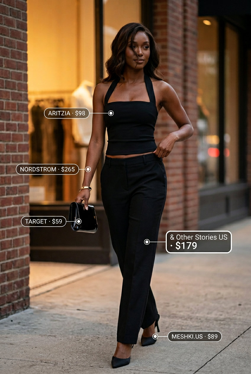 Chic black halter crop top with high-waisted trousers for urban night outs 2026. Modern cocktail party look.
