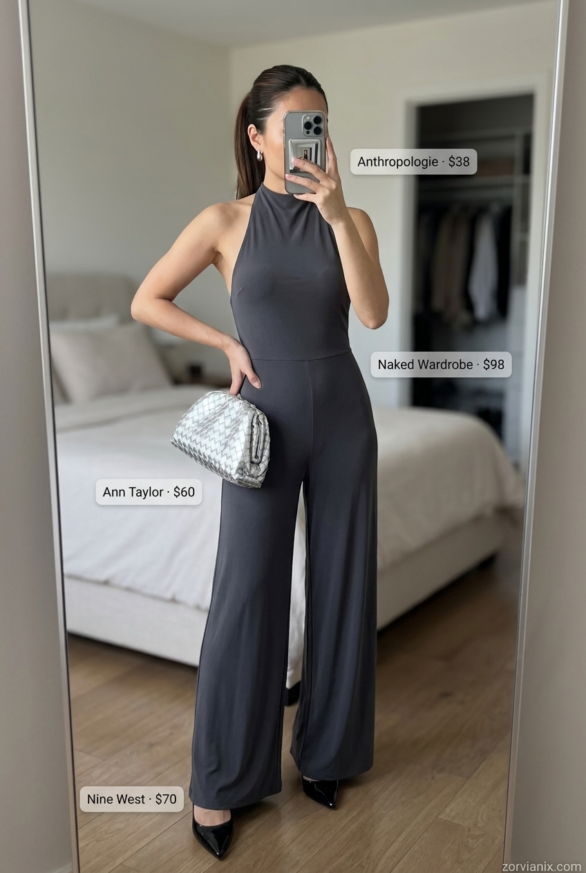 Sleek charcoal grey wide-leg halter neck jumpsuit for summer halter neck outfits for women 2026, ideal for evenings.
