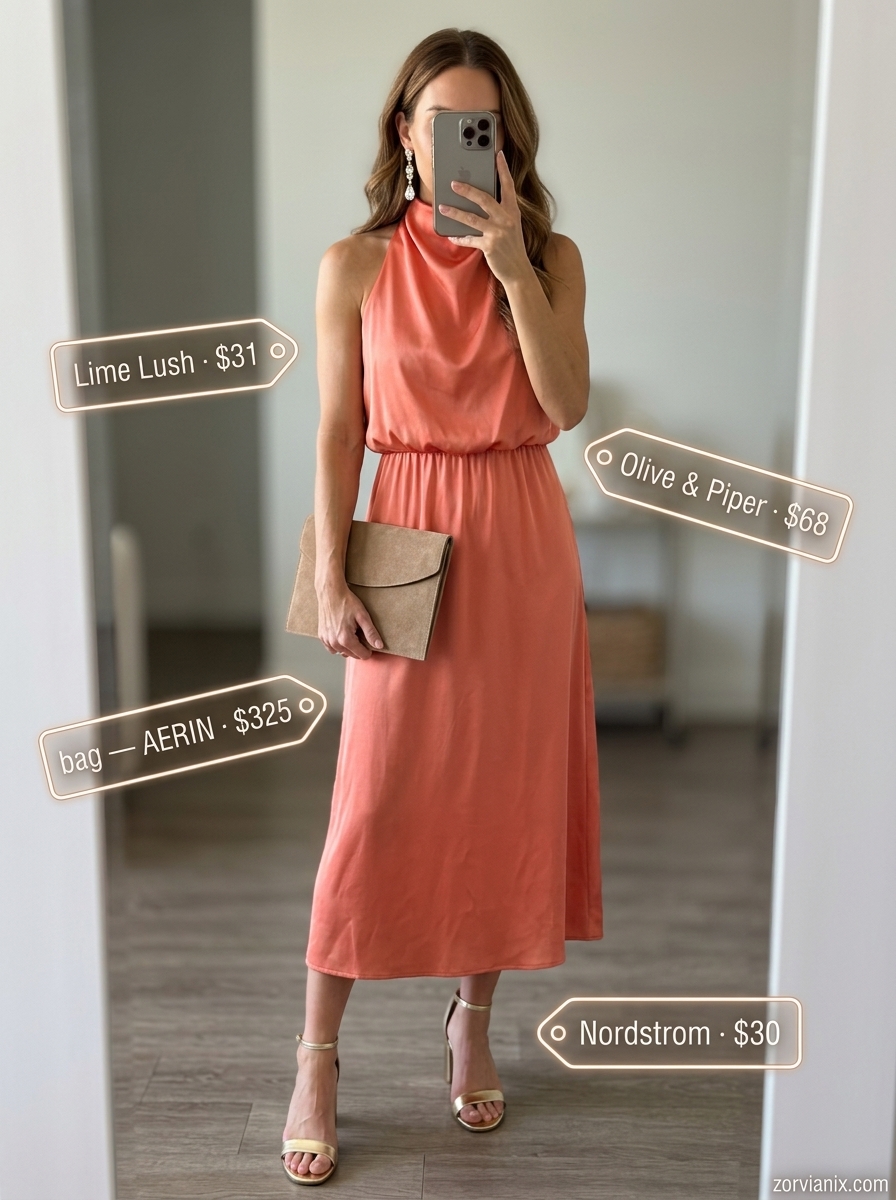 Vibrant coral satin halter neck midi dress for summer Halter Neck outfits for women 2026, paired with gold earrings and nude clutch.