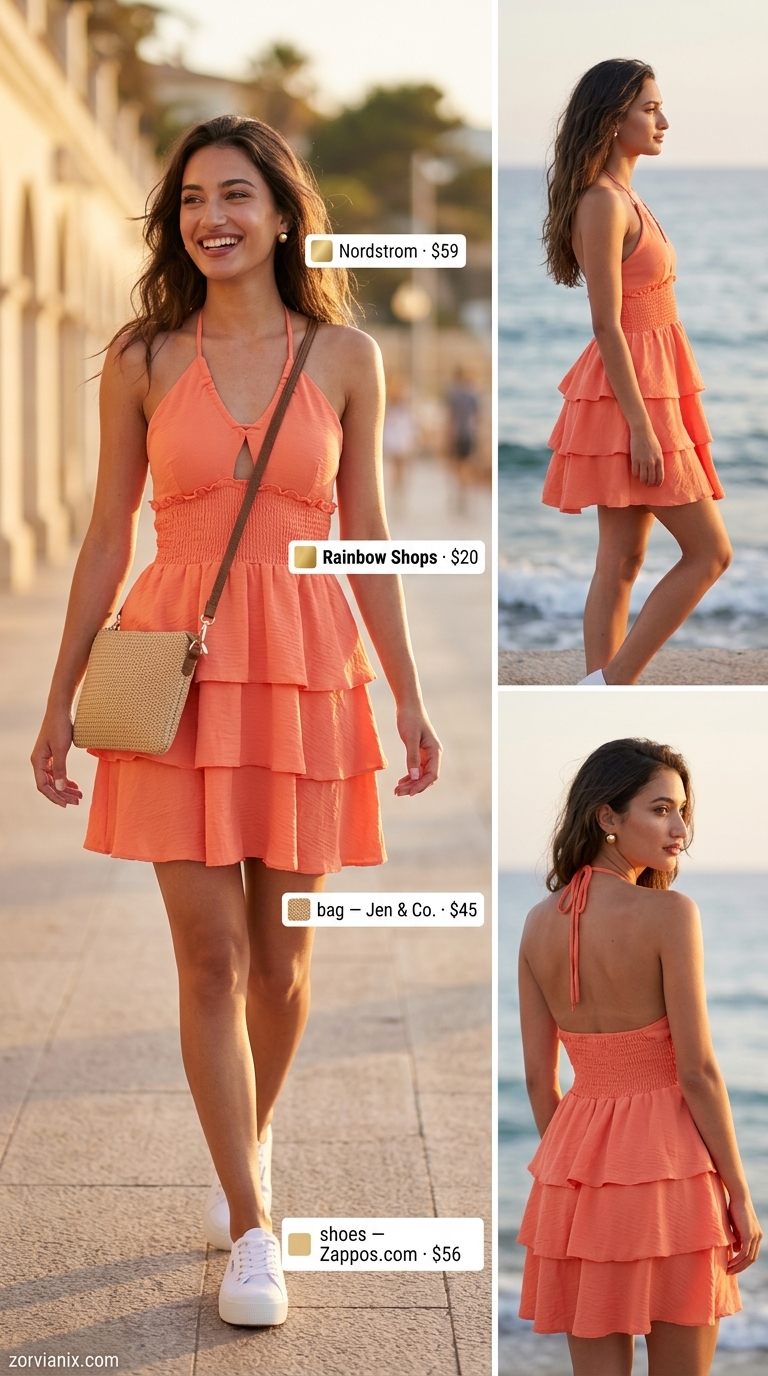 Playful coral halter mini dress for casual summer days and picnics 2026. Youthful and energetic.