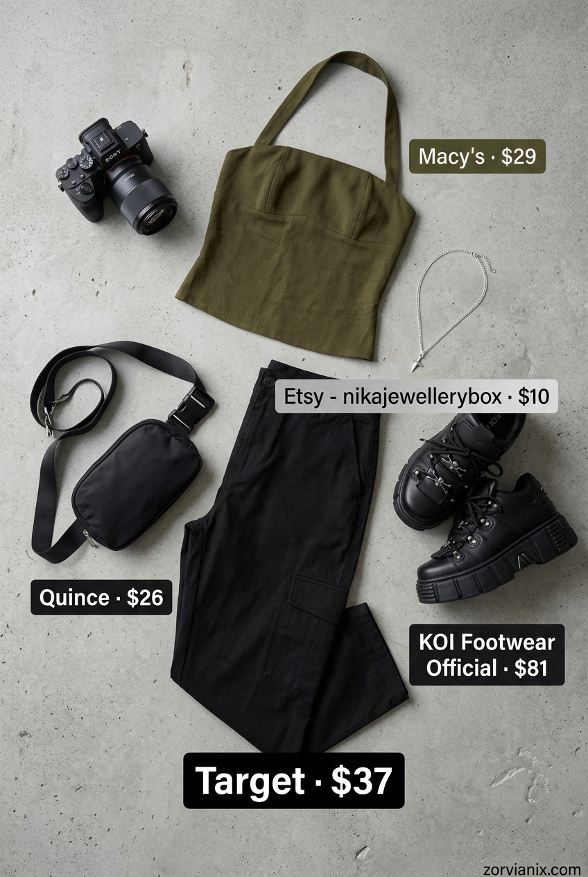 Edgy olive green halter crop top with black cargo pants for urban street style 2026. Great for concerts.