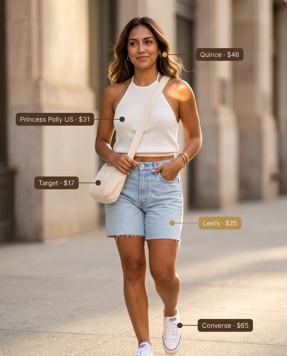 Casual white ribbed halter neck tank top with high-waisted denim shorts for summer Halter Neck outfits for women 2026.