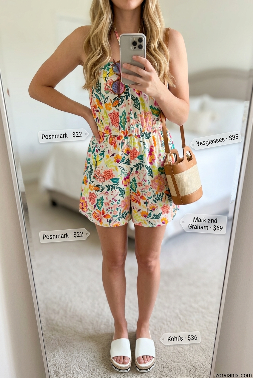 Vacation multi-color floral halter neck romper for summer Halter Neck outfits for women 2026, with espadrilles.