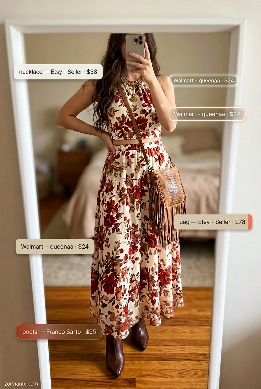 Boho multi-color floral halter neck crop top and maxi skirt set for summer Halter Neck outfits for women 2026.