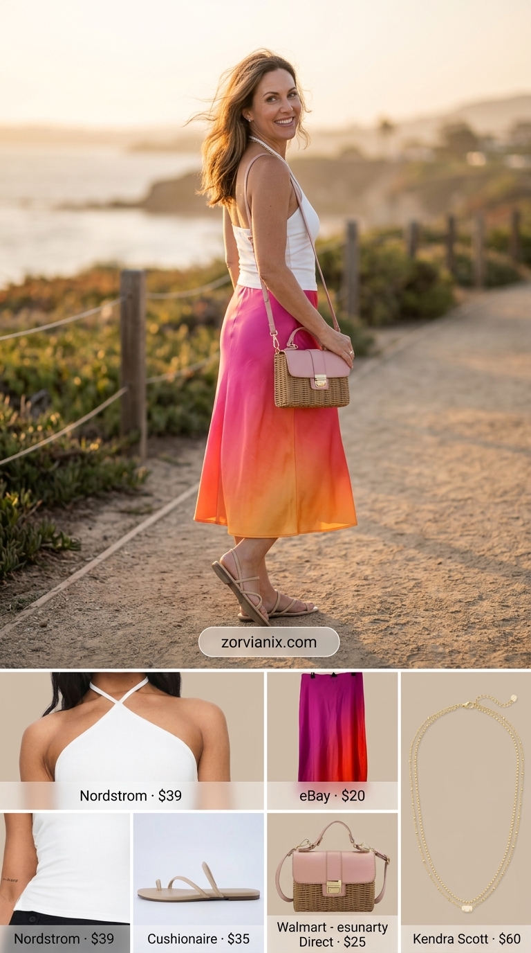 Sunset gradient halter neck tank top with a high-waisted midi skirt for summer Halter Neck outfits for women 2026.