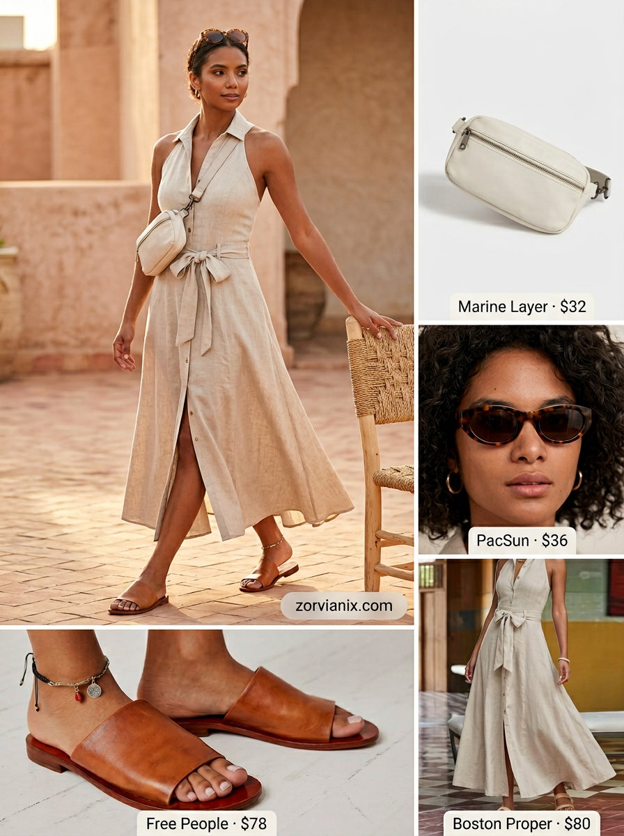 Utilitarian khaki cotton twill halter neck shirt dress for summer Halter Neck outfits for women 2026, with leather slides.