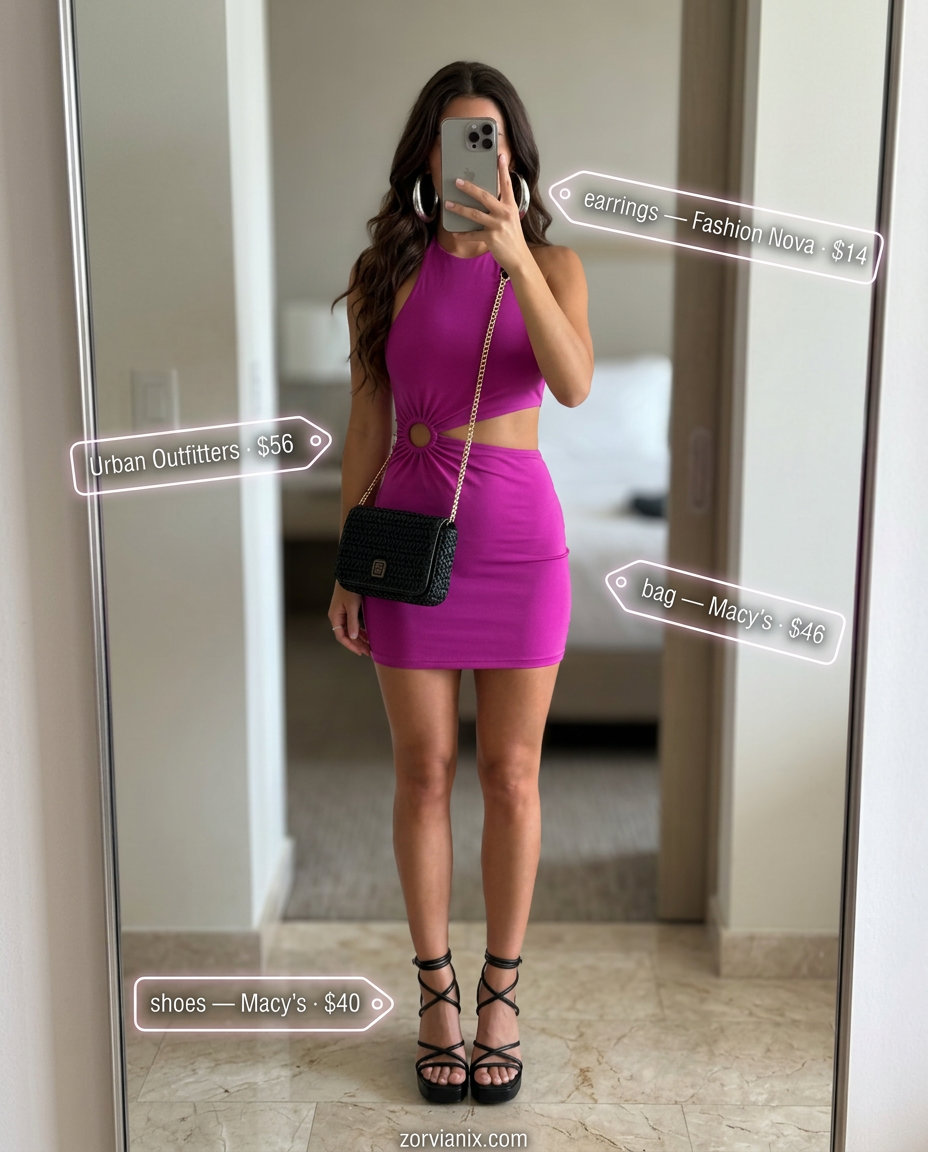 Bold magenta halter neck cut-out mini dress for summer halter neck outfits for women 2026, perfect for nights out.