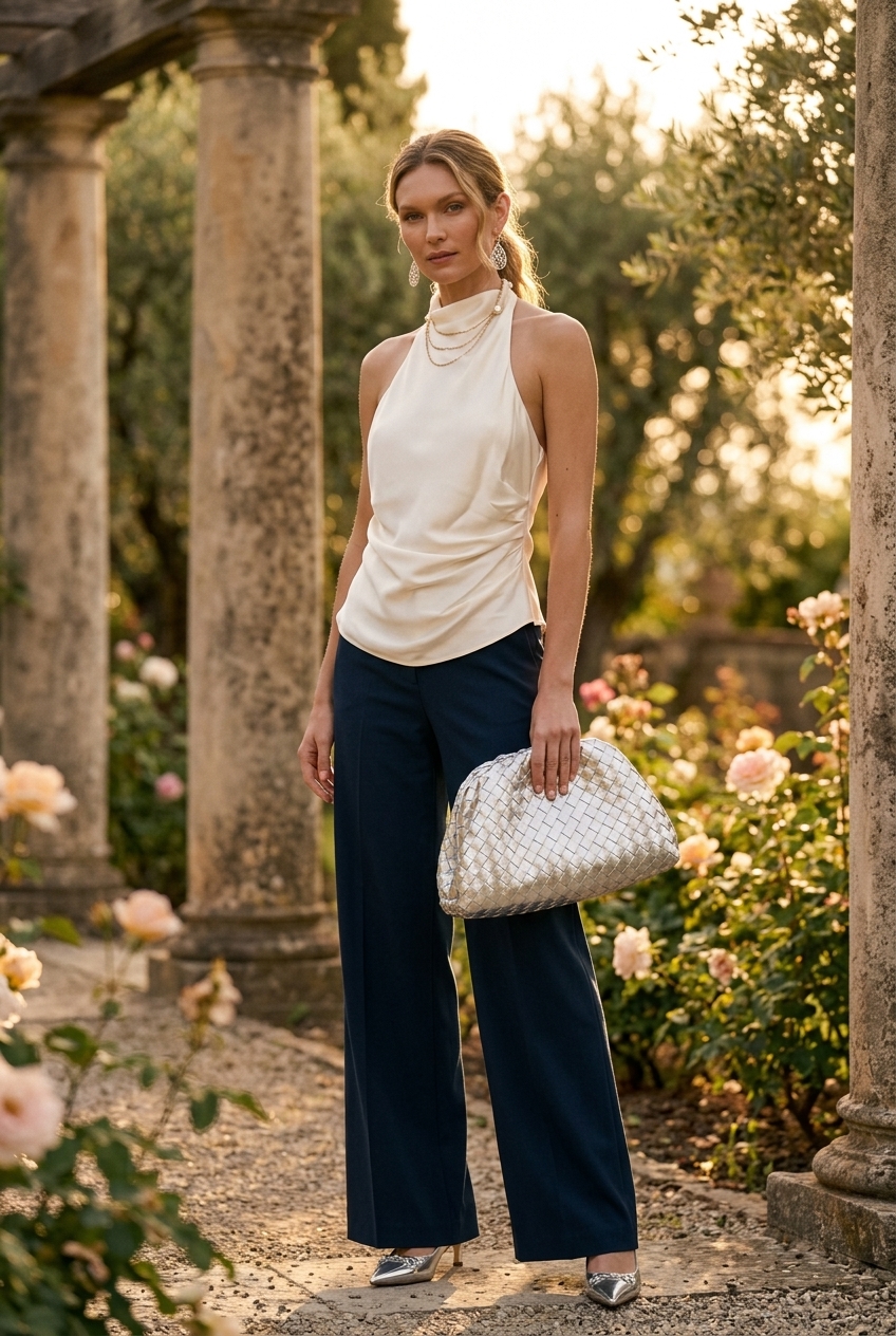Sophisticated navy and cream halter neck top with wide-leg pants for summer halter neck outfits for women 2026.