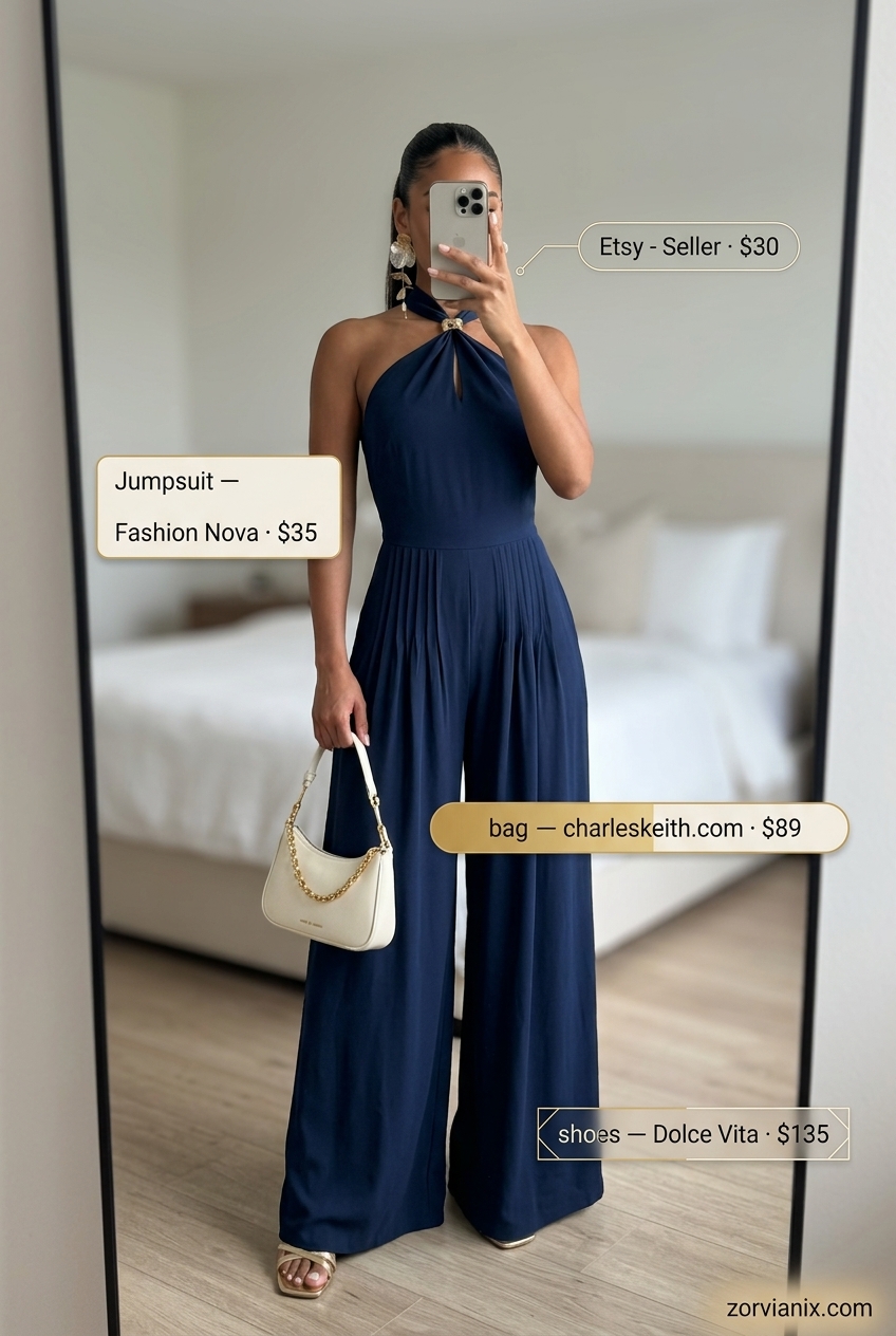 Elegant navy blue halter neck wide-leg jumpsuit for summer Halter Neck outfits for women 2026, styled with gold sandals.