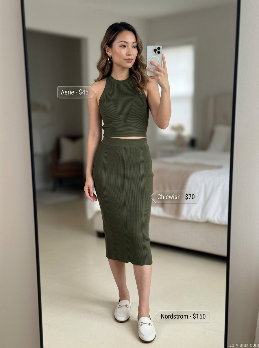 Chic olive green halter knit crop top and midi skirt set for summer halter neck outfits for women 2026.