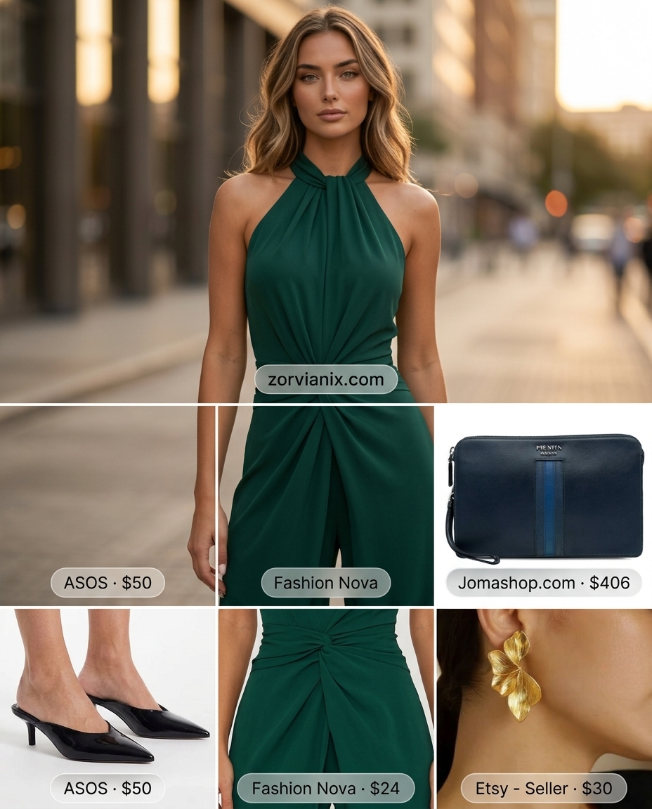 Sophisticated olive green halter jumpsuit for summer parties and evening dates 2026. Styled with gold earrings and black mules.
