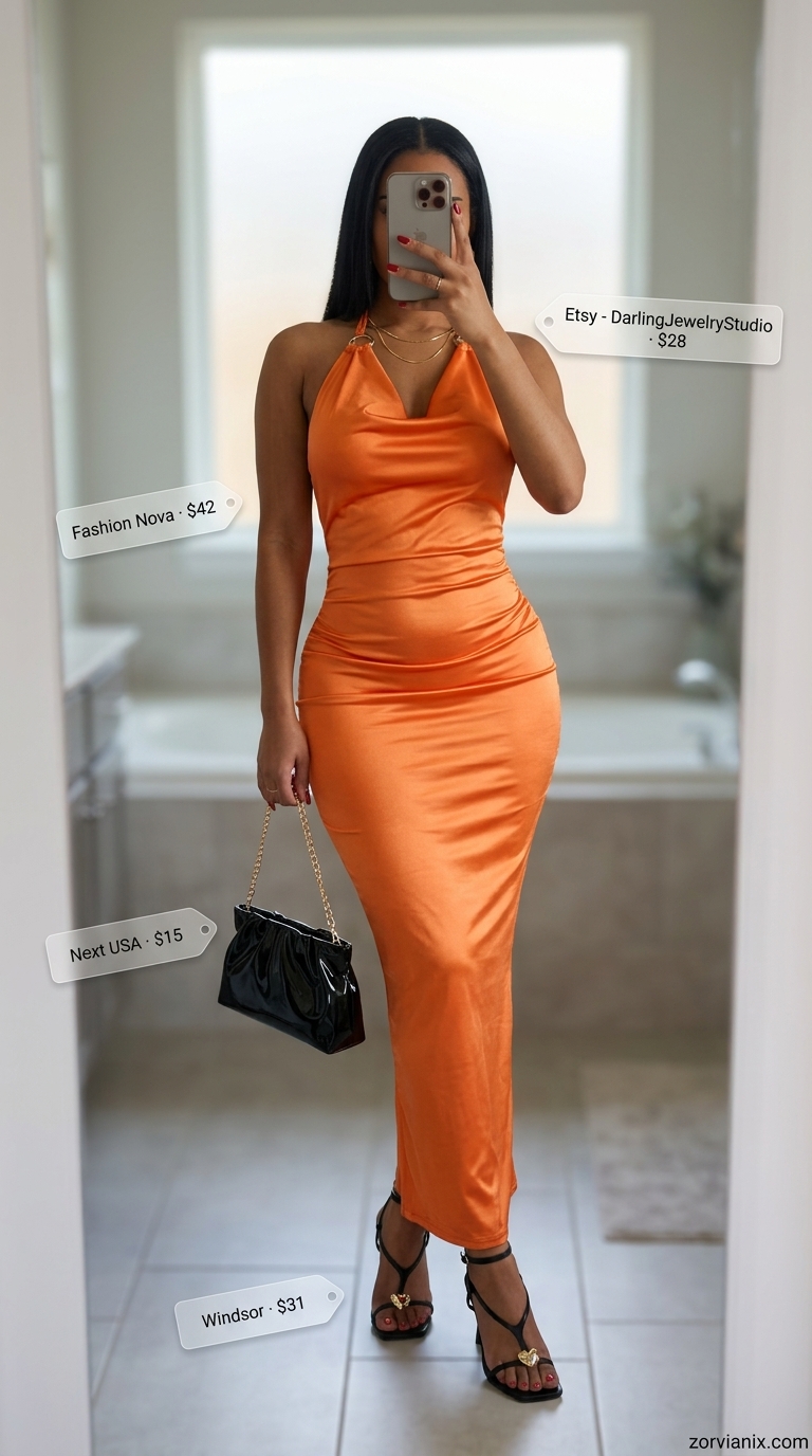 Glamorous sunset orange satin halter neck slip dress for summer Halter Neck outfits for women 2026, with black heels.
