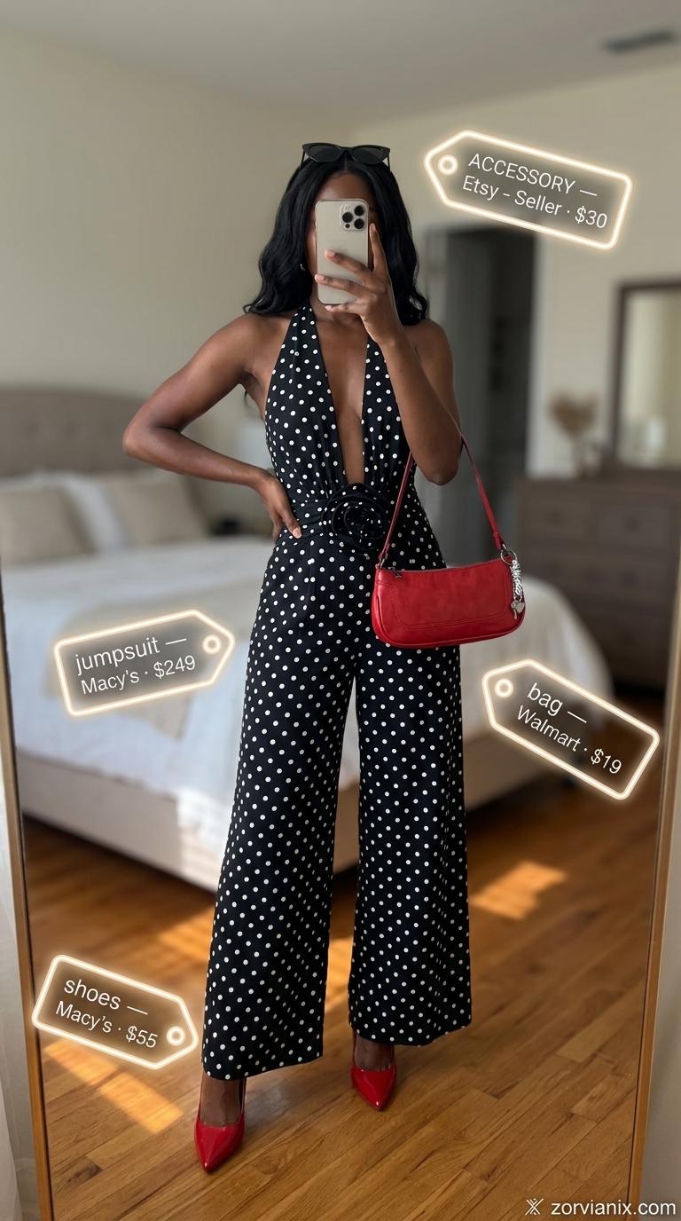 Retro black and white polka dot halter neck wide-leg jumpsuit for summer Halter Neck outfits for women 2026.