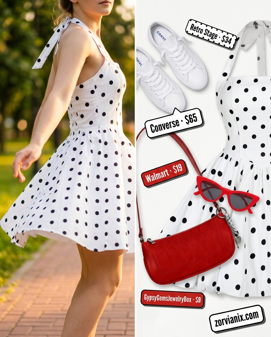 Retro white and black polka dot halter neck mini dress for summer halter neck outfits for women 2026.