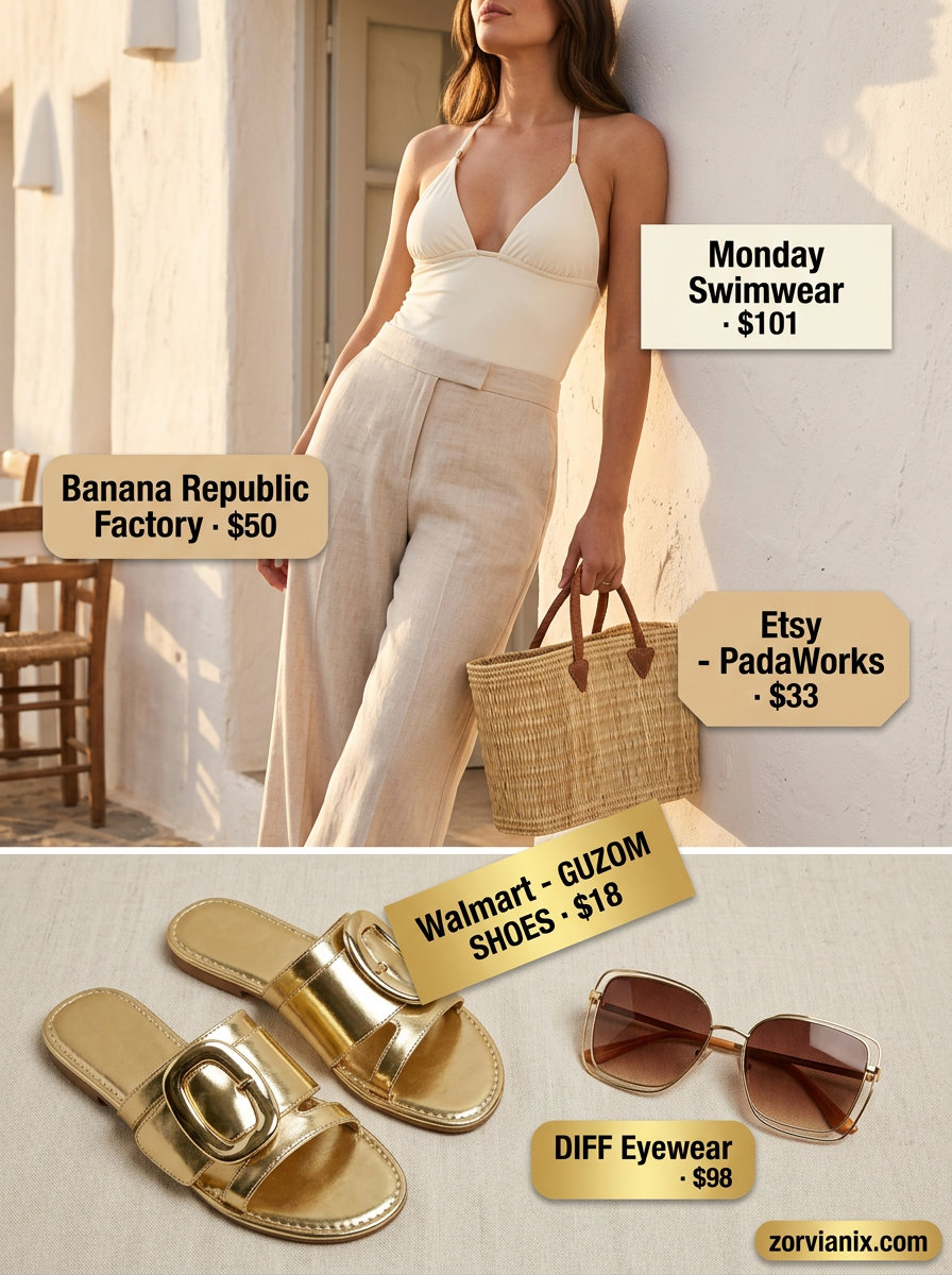 Relaxed resort wear: ivory halter bikini top with beige palazzo pants for 2026. Perfect for beach cafes and poolside.
