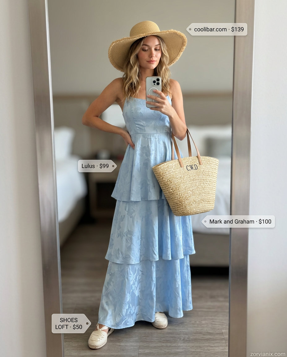 Coastal sky blue halter neck maxi dress for summer halter neck outfits for women 2026, perfect for beach days.