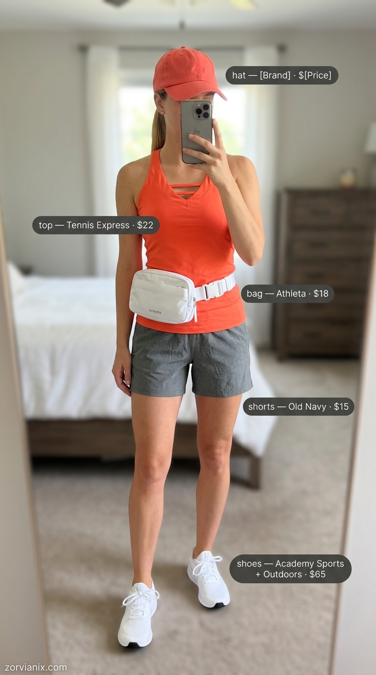 Sporty summer halter neck outfits for women 2026: Coral tank, grey shorts, white belt bag, and sneakers for active days.