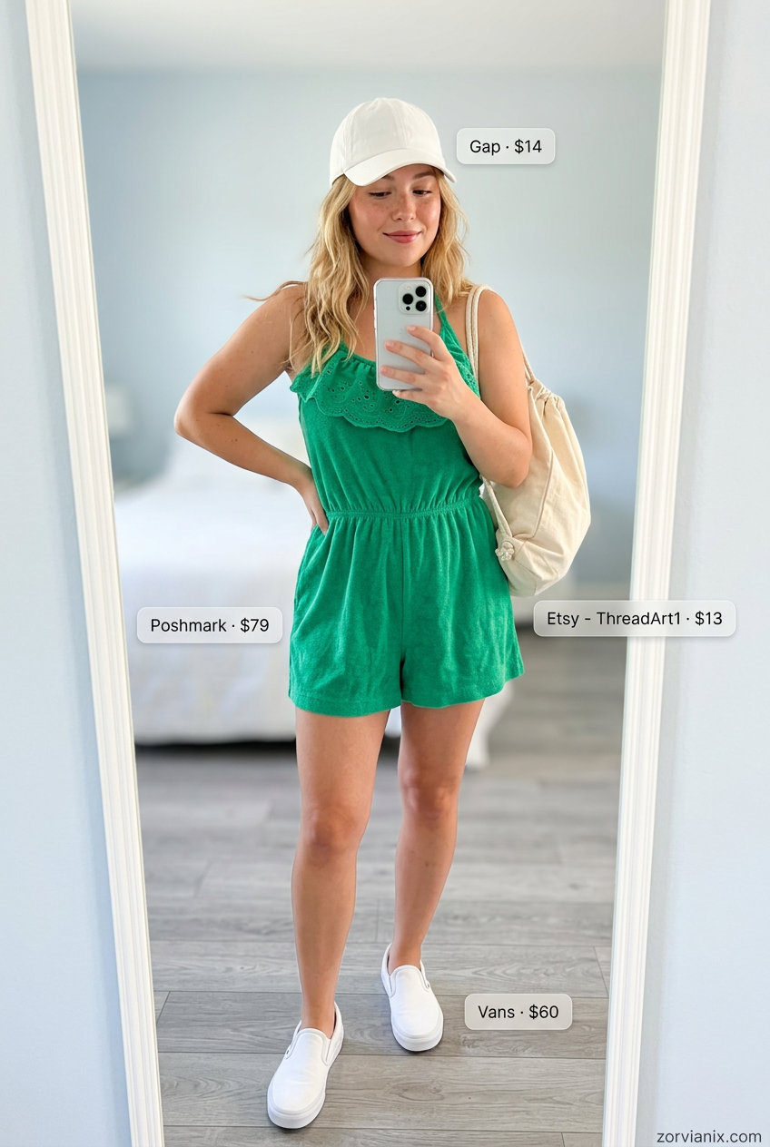 Sporty teal terry cloth halter neck romper for summer Halter Neck outfits for women 2026, with white sneakers.