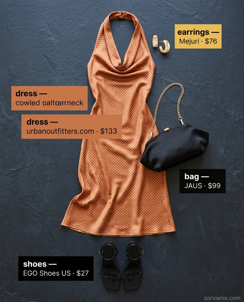 Glamorous terracotta halter slip dress for date nights and cocktail parties 2026. Alluring evening wear.