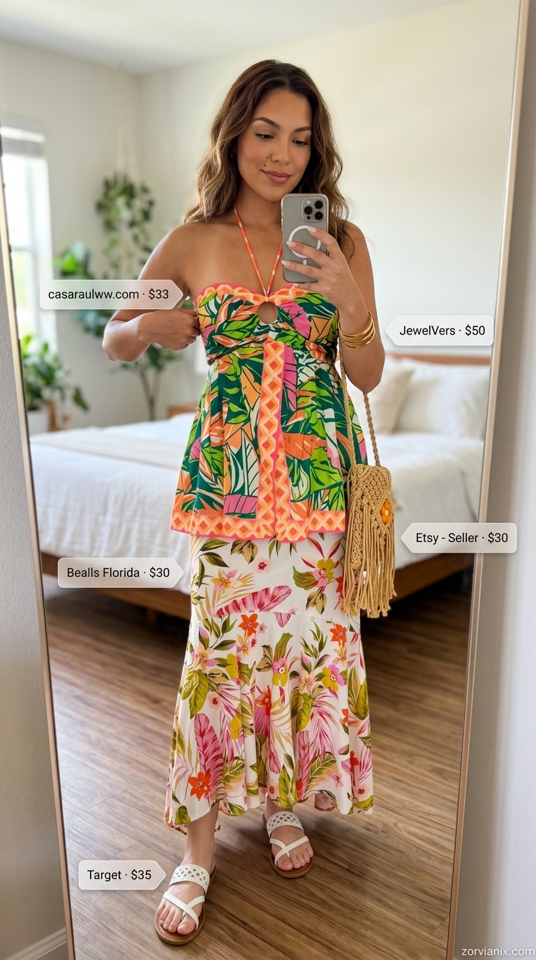 Tropical summer halter neck outfits for women 2026: Green & pink print crop top and maxi skirt set for vacation.