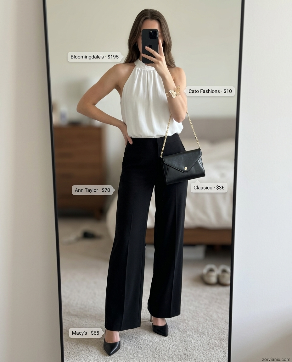 Sophisticated black halter top with white wide-leg trousers for smart casual events 2026. Polished evening look.