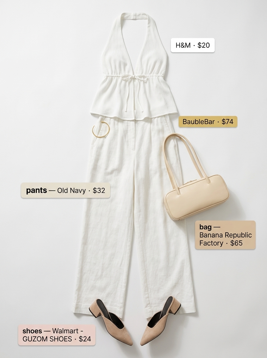 Elegant white halter neck knit top and wide-leg pants for summer halter neck outfits for women 2026.