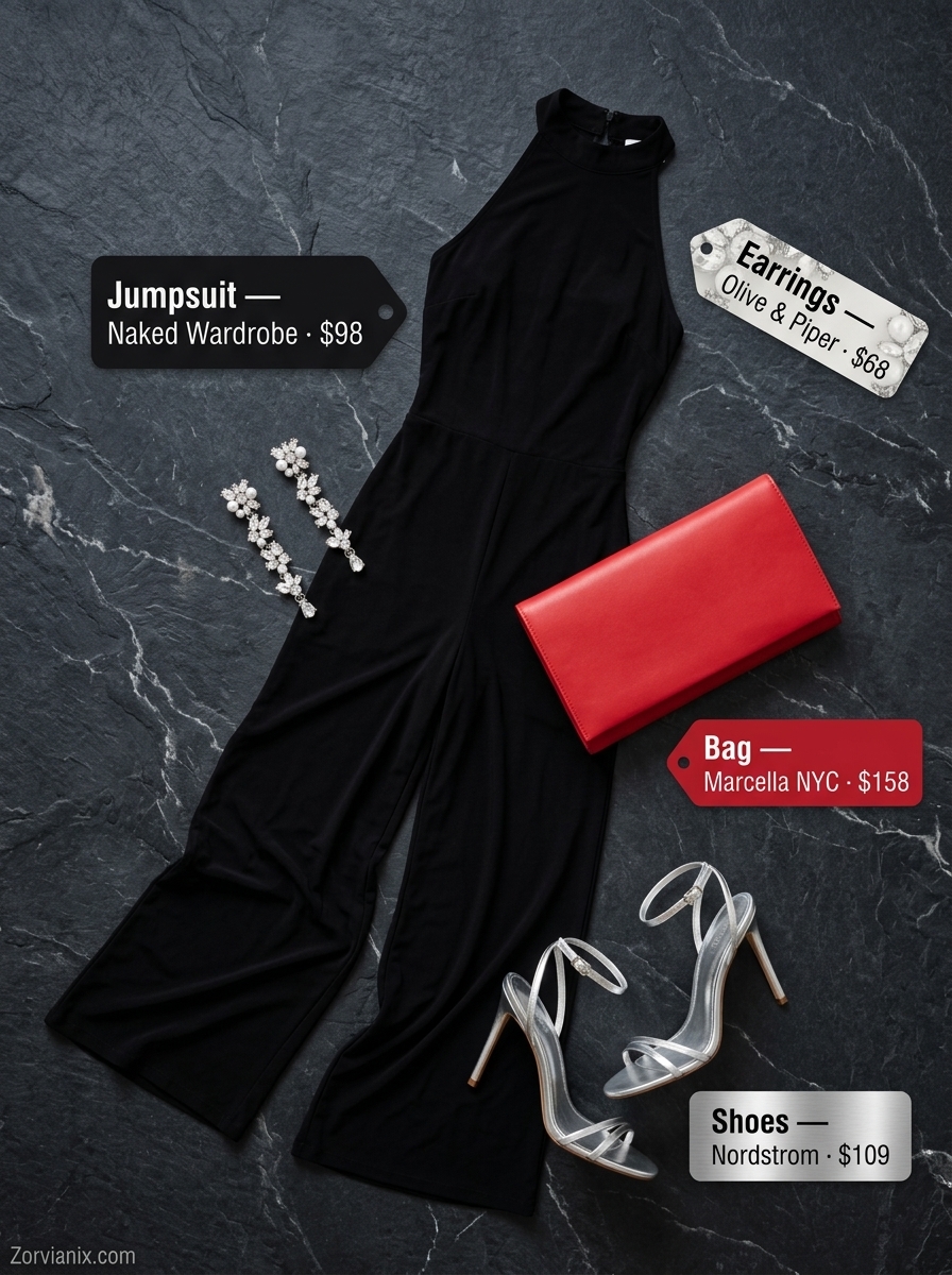 Sleek black halter-neck jumpsuit outfit for women 2026, ideal for date nights and cocktail hours.