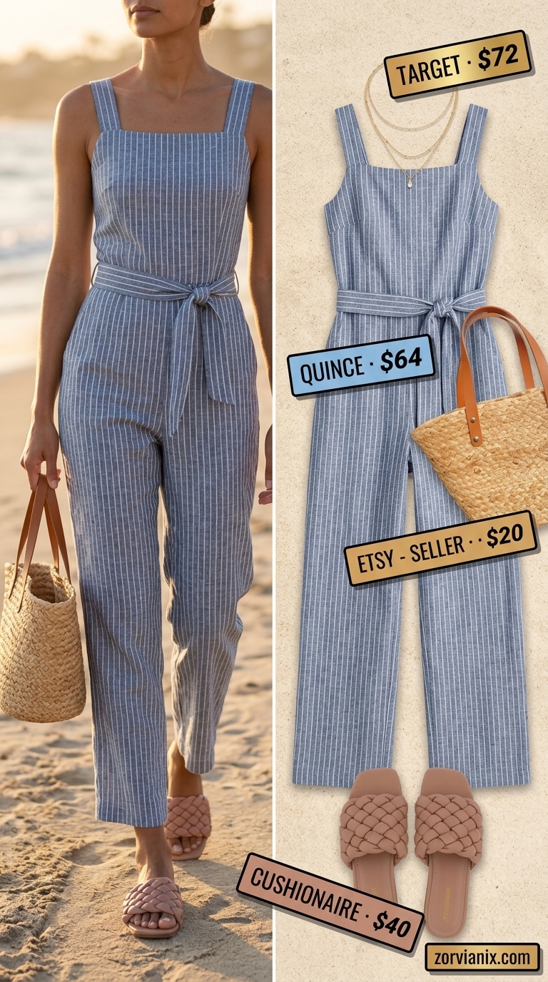 Sky blue linen jumpsuit outfit for women 2026, perfect for beach days and casual summer outings.