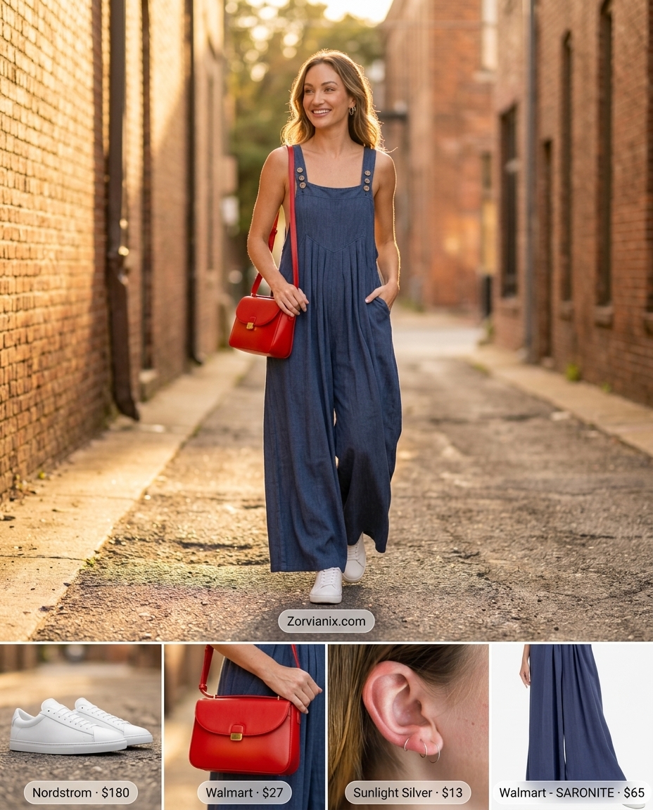 Medium wash denim jumpsuit outfit for women 2026, perfect for casual weekends and errands.