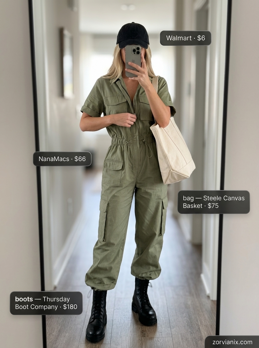 Olive green utility jumpsuit outfit for women 2026, ideal for casual weekends and outdoor errands.
