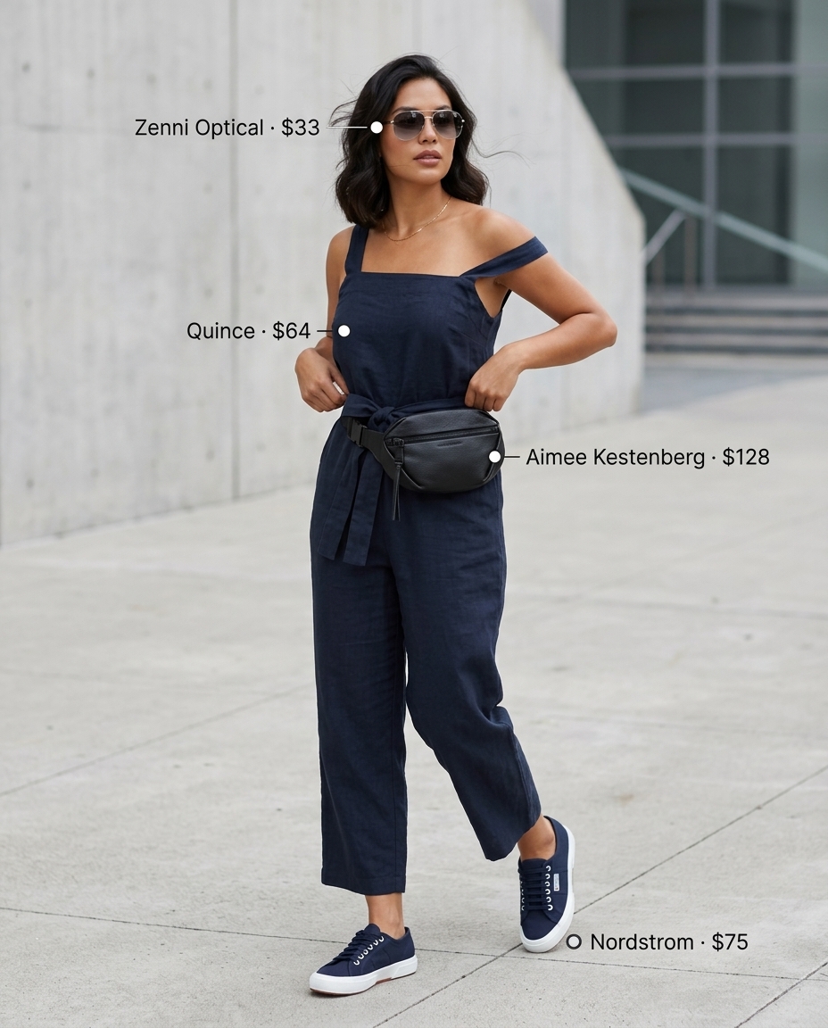 Beige utility jumpsuit outfit for summer 2026, with navy sneakers, aviator sunglasses, and belt bag for city exploration.