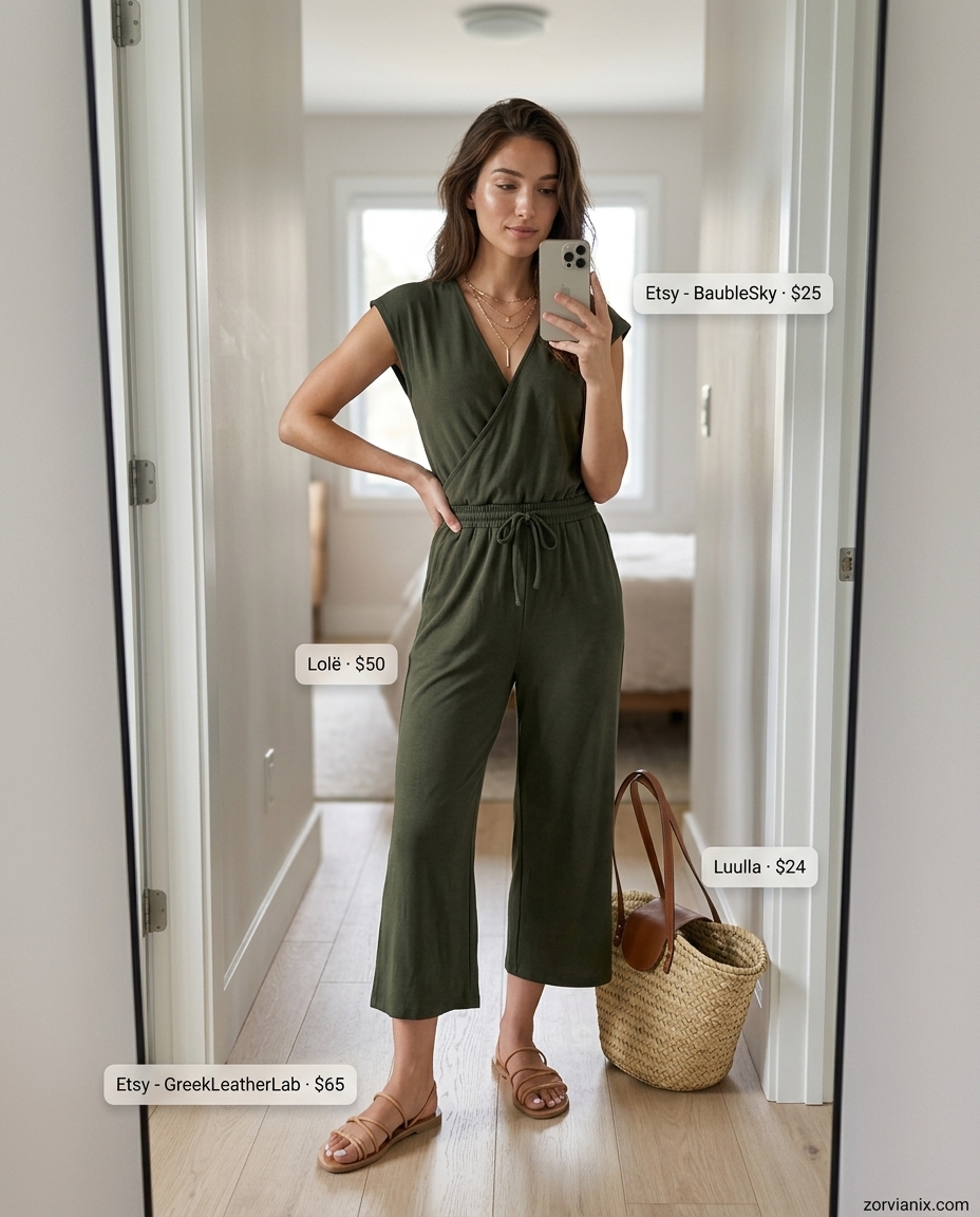 Cream linen jumpsuit outfit for summer 2026, styled with tan sandals, straw tote, and gold necklaces for a beach day.