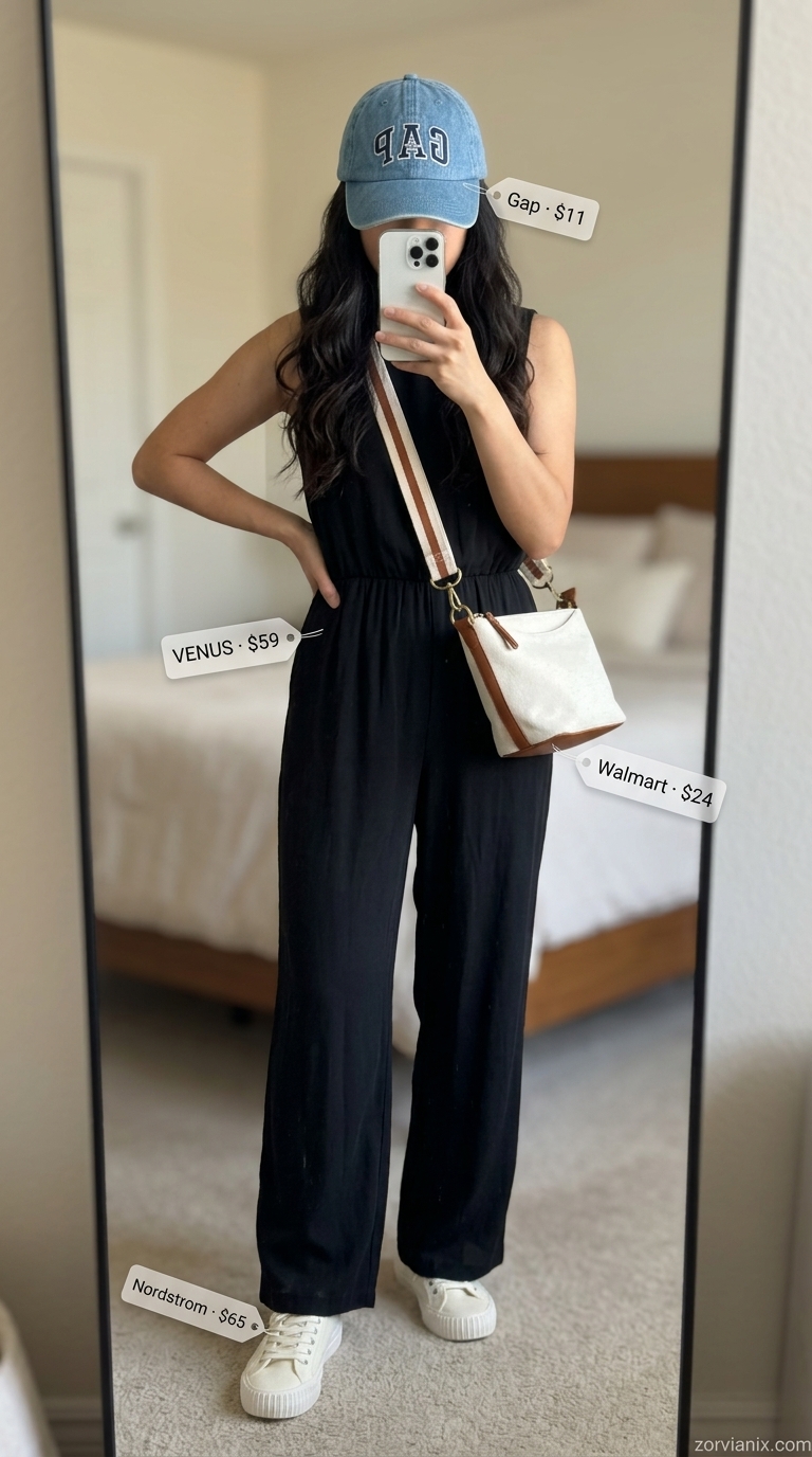 Casual denim jumpsuit outfit for summer 2026, paired with a baseball cap, canvas sneakers, and crossbody bag for weekend errands.