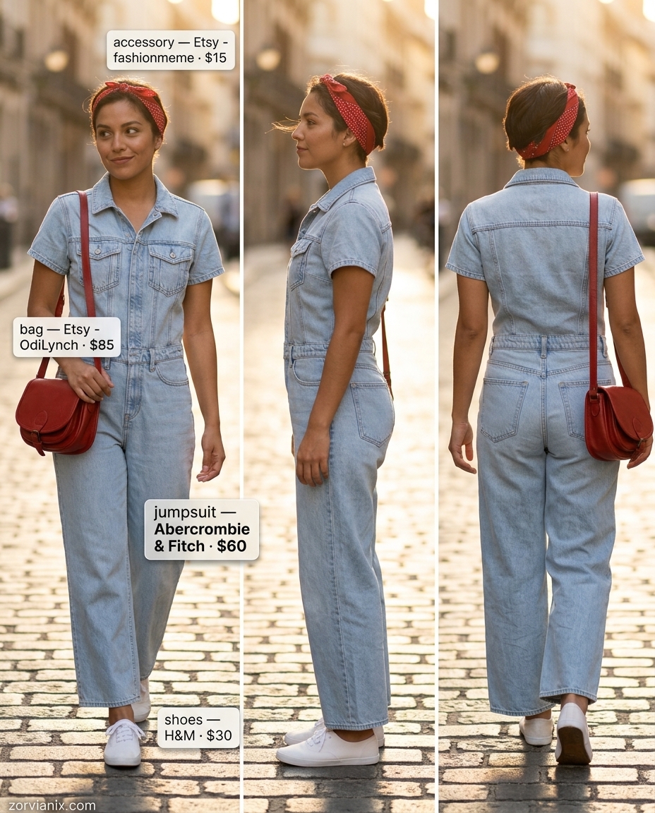 Light denim jumpsuit outfit for summer 2026, with red bag, bandana, and white sneakers for a retro picnic look.