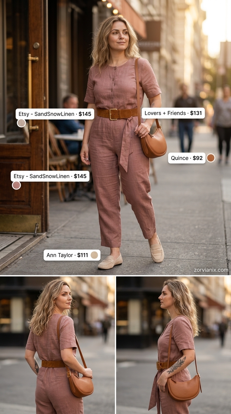 Desert Rose linen jumpsuit outfit for summer 2026, styled with cognac belt, bag, and suede loafers for a chic day trip.