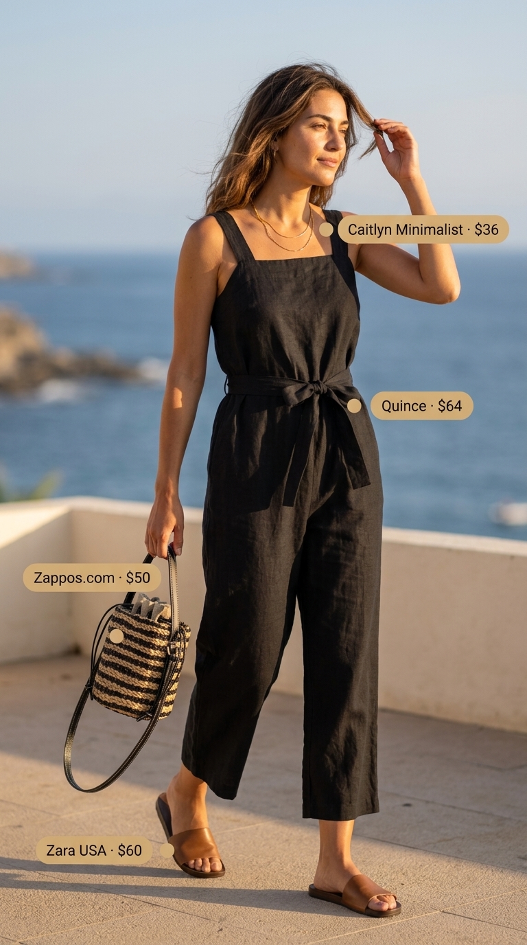 Ecru linen jumpsuit outfit for summer 2026, with tan sandals, straw bag, and layered gold necklaces for a beach walk.