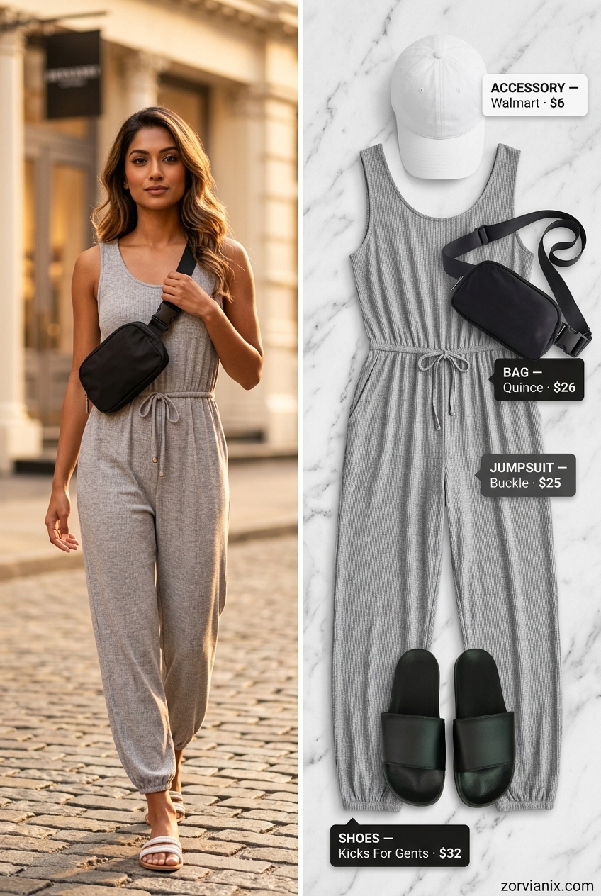 Heather grey knit jumpsuit with white cap, black belt bag, and slides. Summer jumpsuit outfits for women 2026.