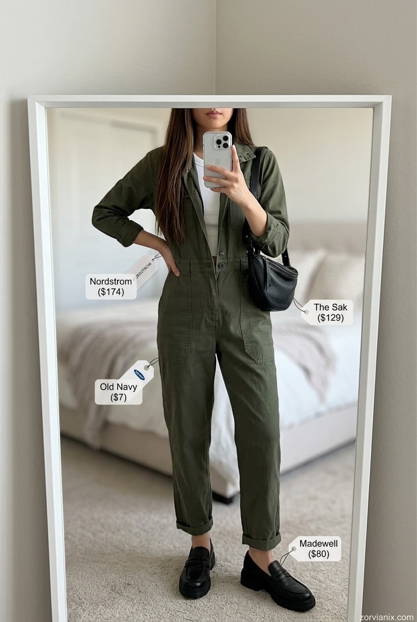 Khaki green utility jumpsuit with white tee, black belt bag, and chunky loafers. Summer jumpsuit outfits for women 2026.