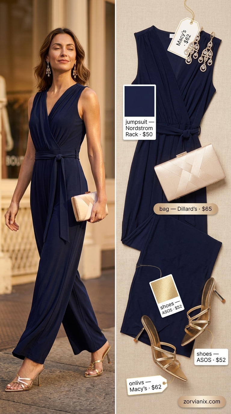 Navy blue wrap jumpsuit with gold mules, clutch, and statement earrings. Summer jumpsuit outfits for women 2026.