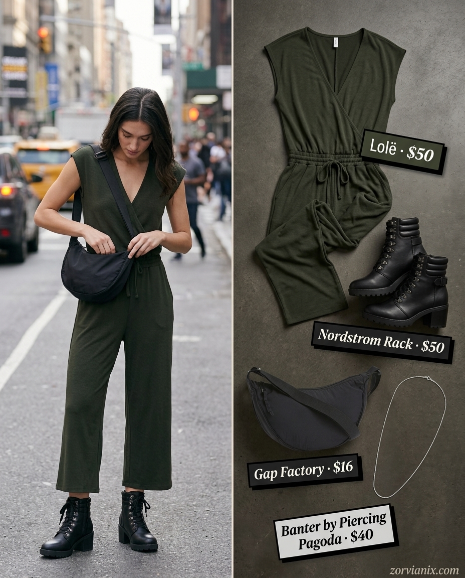 Olive green cargo jumpsuit with combat boots, crossbody bag, and silver necklace. Summer jumpsuit outfits for women 2026.