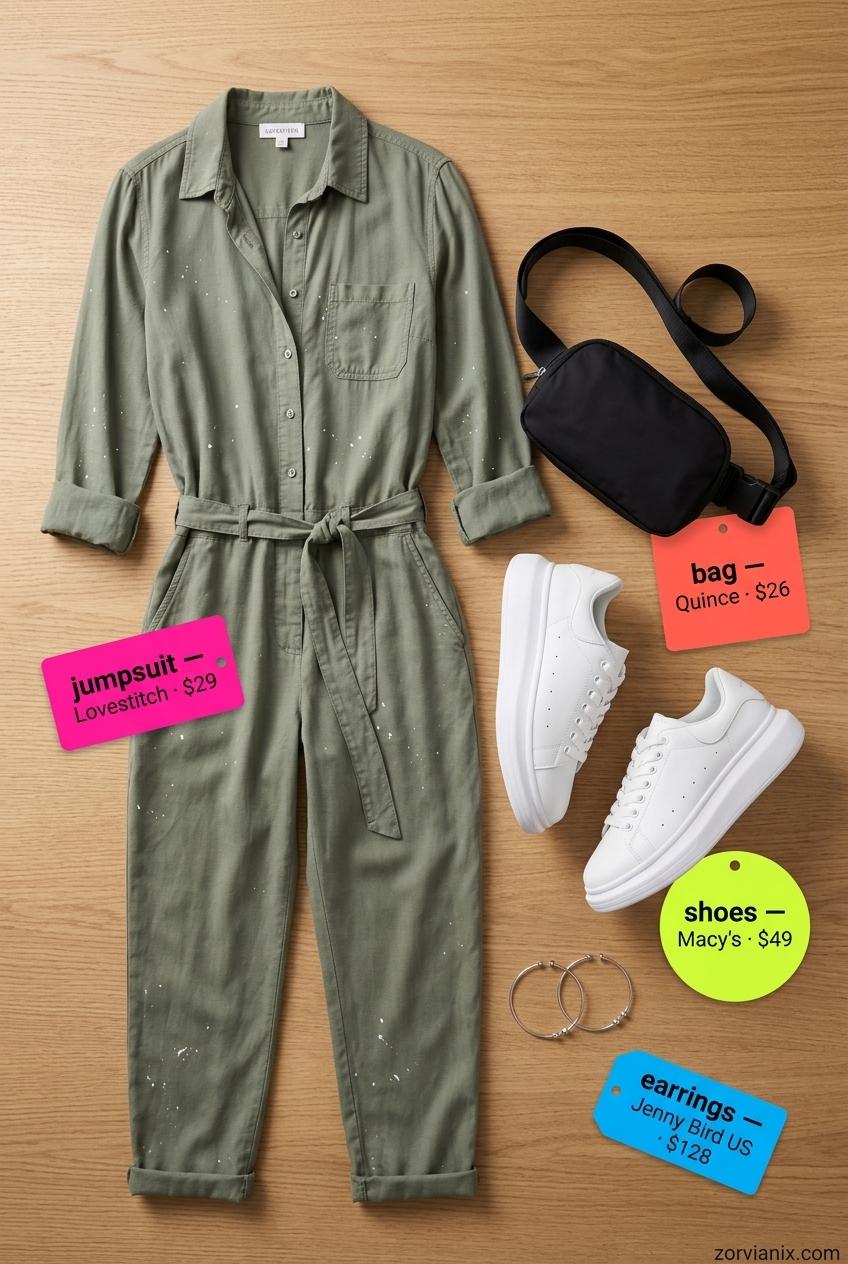 Olive green utility jumpsuit outfit for summer 2026, with chunky sneakers, silver hoops, and a belt bag for casual evenings.