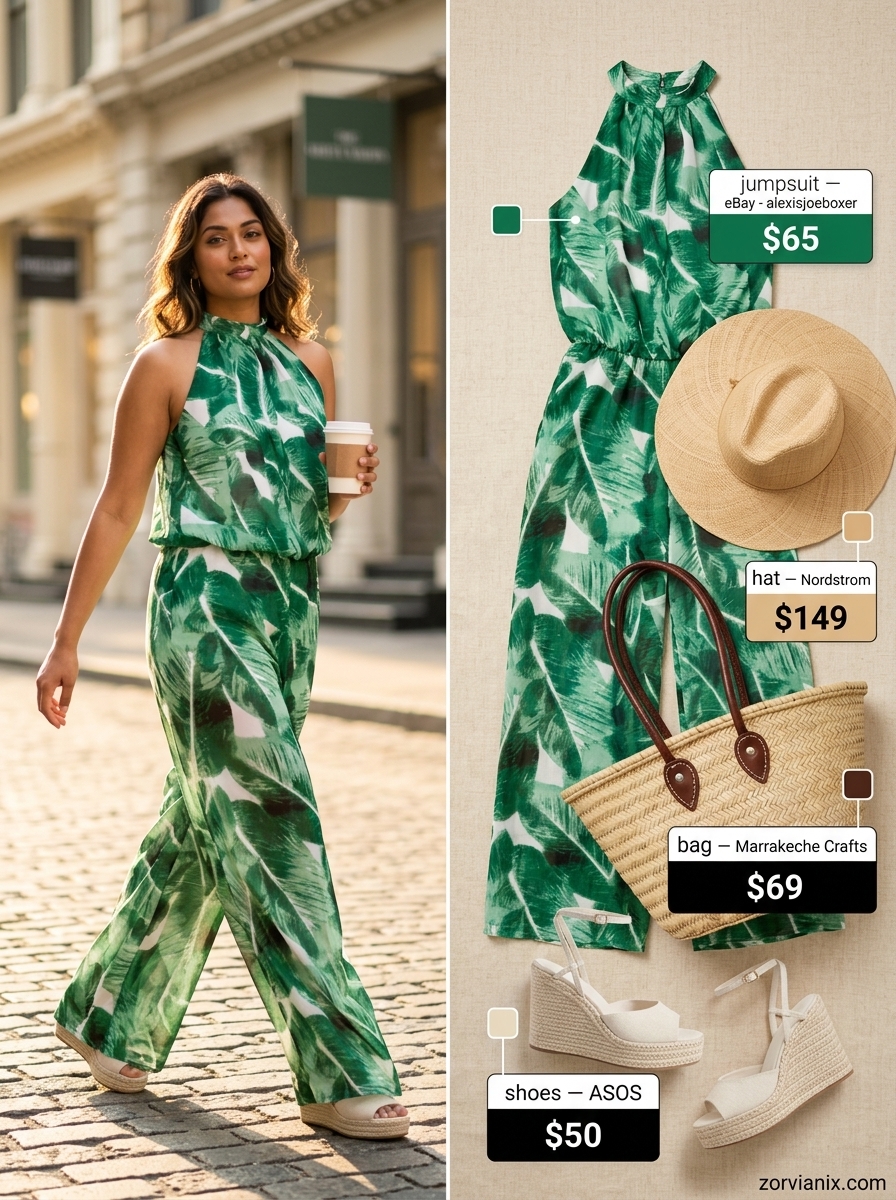 Emerald green palm print vacation jumpsuit with wedge espadrilles, straw hat, and tote. Summer jumpsuit outfits for women 2026.