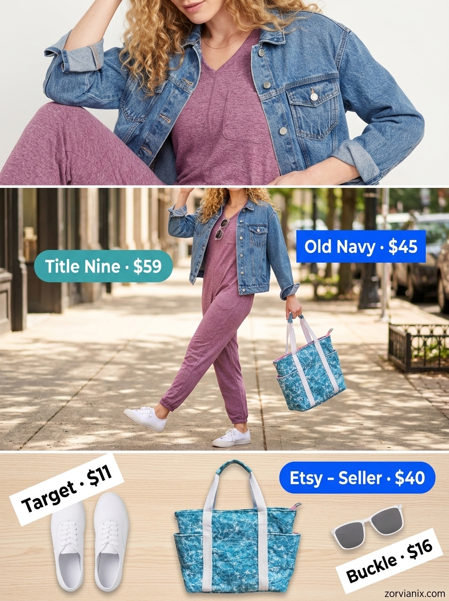 Sky blue romper outfit for summer 2026, with denim jacket, white sneakers, and clear sunglasses for a theme park day.
